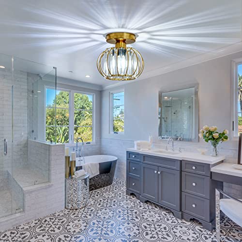 Crystal Semi Flush Mount Ceiling Light Fixture E26 Mini Antique Gold Chandelier Small Ceiling Lamp for Entryway Bedroom Bathroom Hallway Closet Foyer