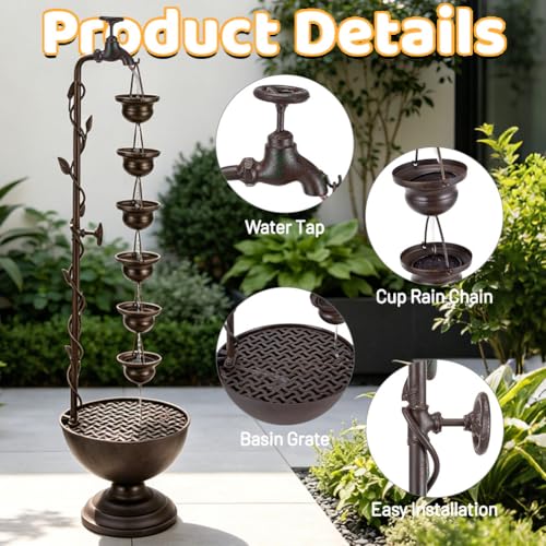39" Tiered Water Fountain Outdoor 6 Hanging Cups Garden Water Feature