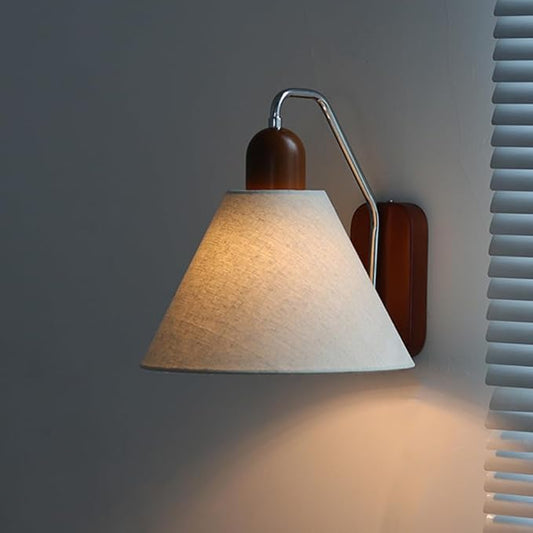 Wabi Sabi Wood Wall Sconce Retro Home Decor Lighting Fixture with Cone Shape Fabric Shade, Modern Japanese Style Walnut Wood Bedside Reading Wall Lamp for Bedroom Hotel Cafe, E27