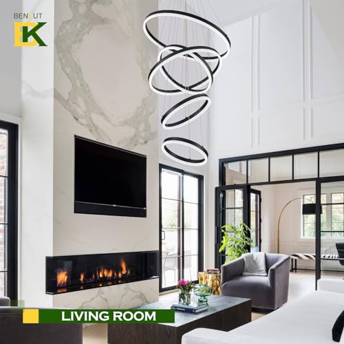 5 Rings Modern LED Chandelier Black High Ceiling Chandelier with Remote Control Dimmable Pendant Lighting for Dining Room Foyer Living Room Entryway Staircase