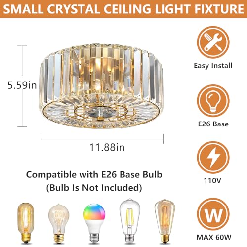 11.88-Inch 2-Light Gold Crystal Flush Mount Ceiling Light Fixture