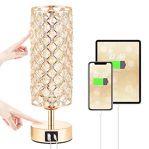 Gold Crystal Touch Lamp for Bedroom with USB