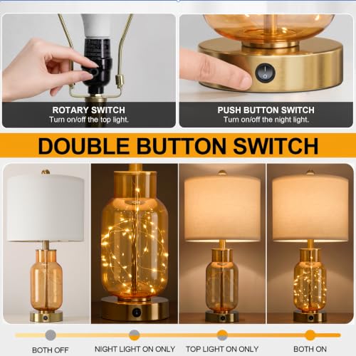 22" Glass Table Lamps Set of 2 with Night Light for Bedroom