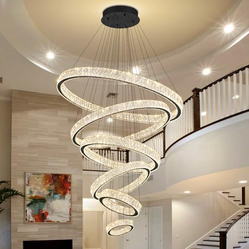 Extra Large 6 Ring Crystal Chandelier Modern LED Long Crystal Chandelier for High Ceiling Height Adjustable Black D8+15.7"+23.6"+31.5"+39.4"+47.5" Dimmable 2700K
