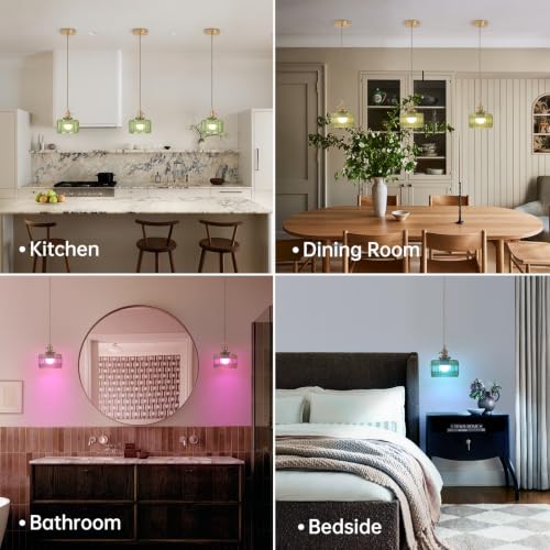 Battery Operated Pendant Light 5000mAh Rechargeable Chandelier with Remote Control Wireless Adjustable Hanging Green Striped Light for Kitchen Island Dining Room Hallway (2 Count)