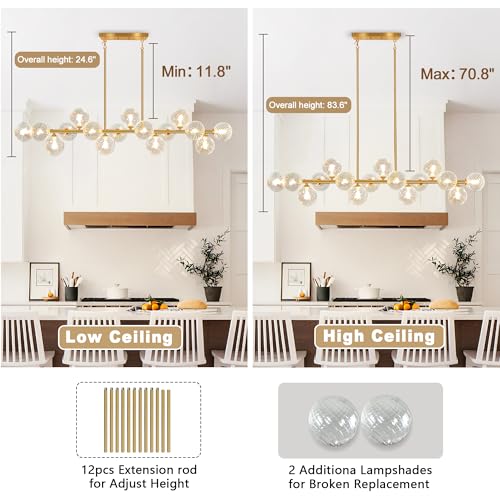 55" Linear Chandelier Swirled Glass Gold Sputnik Chandelier