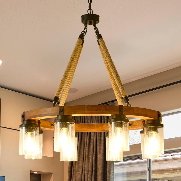 9 Light Round Wagon Wheel Chandelier Farmhouse Rustic Pendant Light Fixture with Seeded Glass Shades
