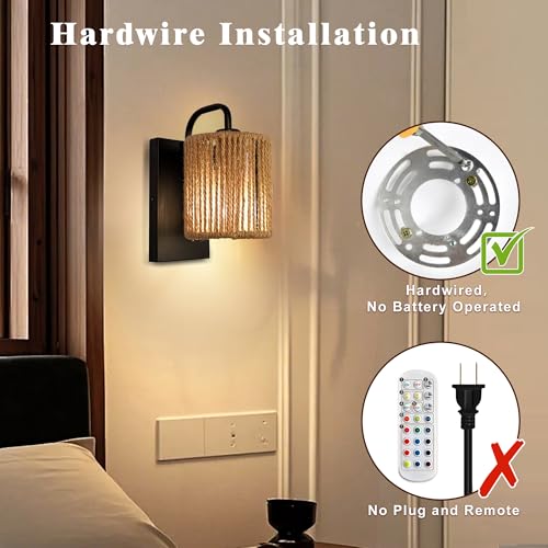 Boho Wall Sconce Rattan Wall Light Fixtures Hemp Rope Sconces