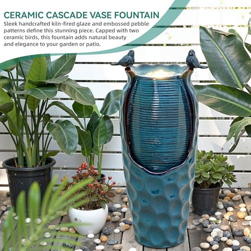 Autodaya 33" Vase Ceramic Outdoor Water Fountain with Lights and Birds
