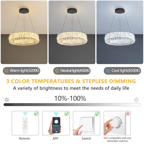 16 Inch Chandelier Glam Dimmable LED Crystal Chandeliers Luxury Round Pendant Lighting Fixtures for Dining Room Bedrooms Black