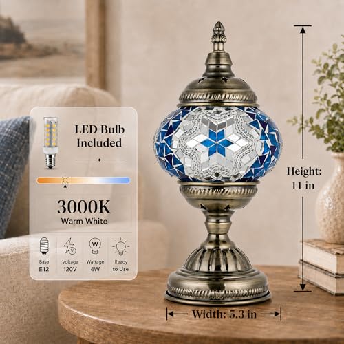 Turkish Moroccan Table Lamp Lantern with Handmade Mosaic Glass Lampshade Tiffany Style Bohemian Stained Glass Decorative Desk Lamps Bedside Night Lights for Bedroom