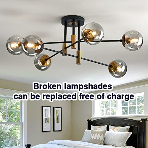 6 Lights Glass Globe Sputnik Chandelier Modern Flush Mount Ceiling Light Fixture Farmhouse Lighting for Dining Room Living Room Bedroom Kitchen Passageway