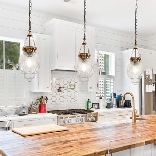 Vintage Brushed Gold Pendant Light with Clear Heavy Thick Glass