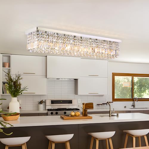 12 Lights Crystal Chandeliers Modern Crystal Rectangular Flush Mount Chandelier with Raindrop Crystals Pendant Light Fixture for Dining Dining Room Kitchen Dining Room Bedroom Bathroom Hotel