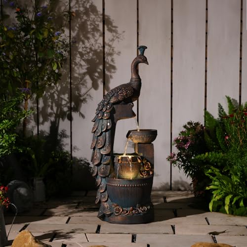Outdoor Water Fountain 41" H Cascading Peacock Waterfall Fountain with LED Lights & Pump Tiered Water Feature for Garden