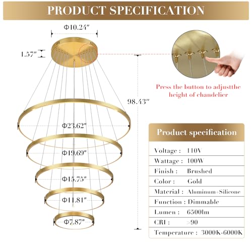 Modern LED Chandelier High Ceiling 5 Ring Gold Chandeliers Foyer Dimmable Ceiling Pendant Light Fixture Contemporary Flush Mount Chandelier for Staircase Living Room