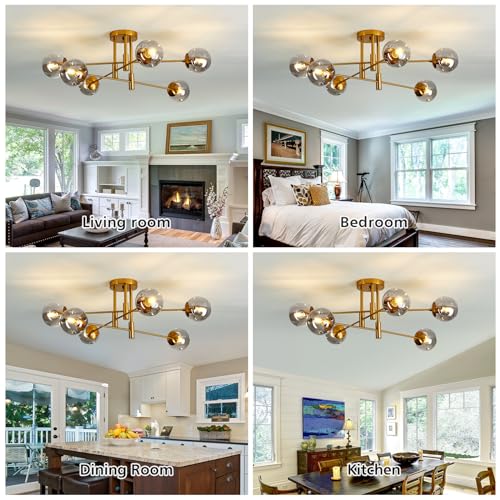 6 Lights Glass Globe Chandelier Modern Flush Mount Ceiling Light Fixture Gold Farmhouse Lighting for Dining Room Living Room Bedroom Kitchen Passageway