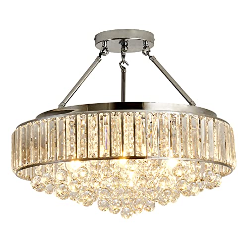 6 Light Modern Large Round Crystal Chandelier Chrome Semi Flush Mount Ceiling Light Fixtures E26 Ceiling Lamp for Dining Room Living Room Laundry Room Foyer Kitchen Balcony Bedroom