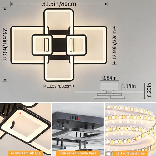 Modern LED Ceiling Light Fixture Black Kitchen Lighting Fixtures Ceiling for Bedroom 31.5" Dimmable 6 Ring Square Ceiling Light for Kitchen with Remote Control for Living Room
