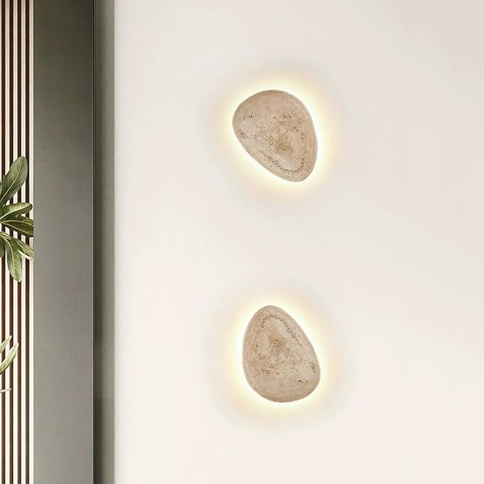 Wabi-Sabi Art Lighting Fixture, Japanese Style Natural Stone Wall Light, Cobblestone Shape Yellow Travertine Wall Sconce, 7W LED Warm Light 3000K Wall Lamp for Bedside Bedroom Living Room