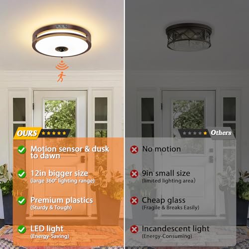 12" LED Motion Sensor Outdoor Ceiling Light Porch Lamp