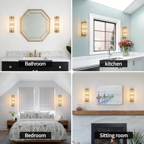 Gold Wall Sconces with Crystal Glass Strip Bathroom Sconces Modern Wall Lights for Bedroom Living Room Hallway Wall Light Fixtures