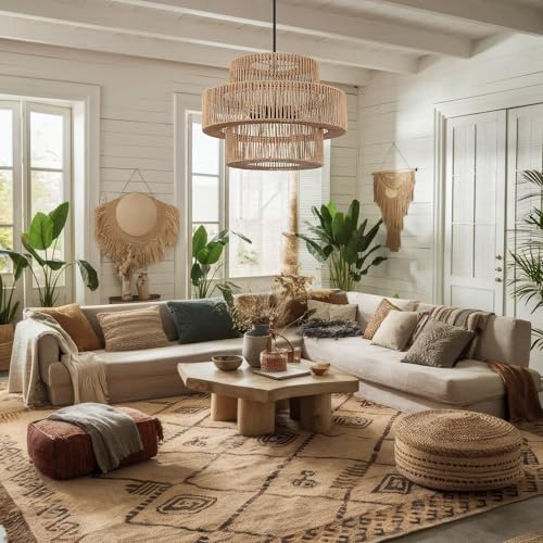 22" Boho Hand Woven Rattan Chandelier Light Fixtures for Dining Room