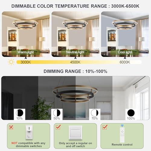 Modern LED Chandelier Black Gold Dimmable 3 Ring Pendant Light for Dining Room