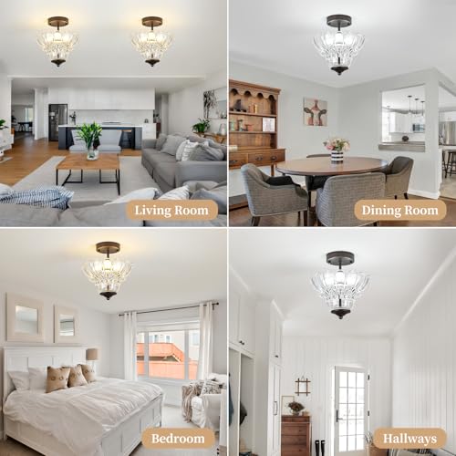 Vintage Oil Rubbed Bronze Semi Flush Mount Light with Floral Class Shade (Oil-Rubbed Bronze)