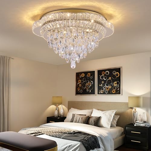 24" Gold Crystal Flush Mount Chandelier Modern LED Ceiling Light Fixture