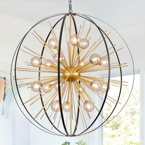 43.2" 18 Light Black Gold Sputnik Chandelier with Smoke Glass Shade