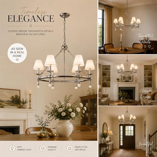 6 Light W34 Inch Polished Nickel Statement Chandelier with White Pleated Fabric Shades and Alabaster Finials Large Round Designer Lighting for Dining Room Living Room