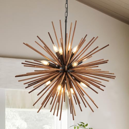 31.3" Farmhouse Sputnik Chandelier for Dining Room Rustic Handmade Natural Wood 16