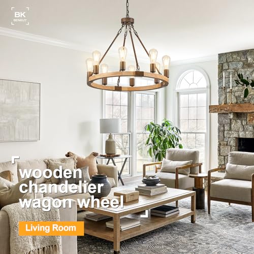 Farmhouse Wagon Wheel Chandelier 23.6" Wooden Rustic Light Fixtures 8