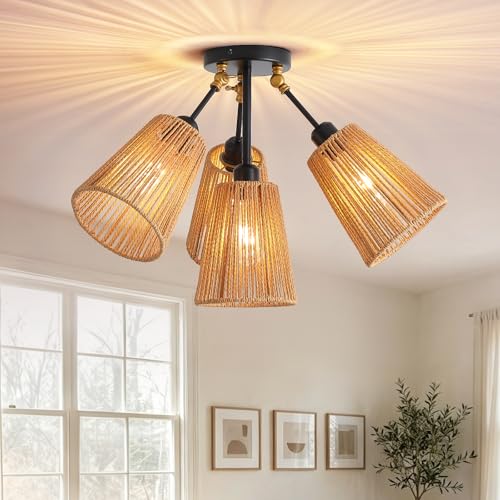 4 Light Rattan Boho Ceiling Light Adjustable Arms Farmhouse Fixture (1 Pack 4-Light)