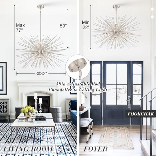32in Nickel Sputnik Chandelier Solid Metal Starburst Light Fixture 9 Light