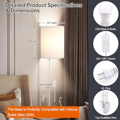 Plug in Wall Sconces Set of Two Wall Lights with On (2 Count)
