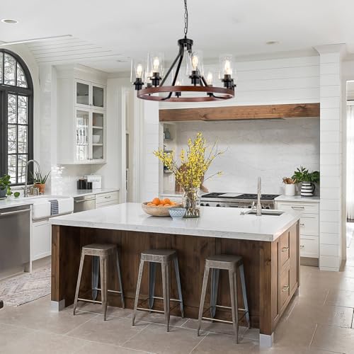 8 Light Farmhose Chandelier for Dining Room Light Fixture Faux Wood Kitchen Pendant Light Round Rustic Ceiling Hanging Lighting with Glass Globes Adjustable Height Metal E26