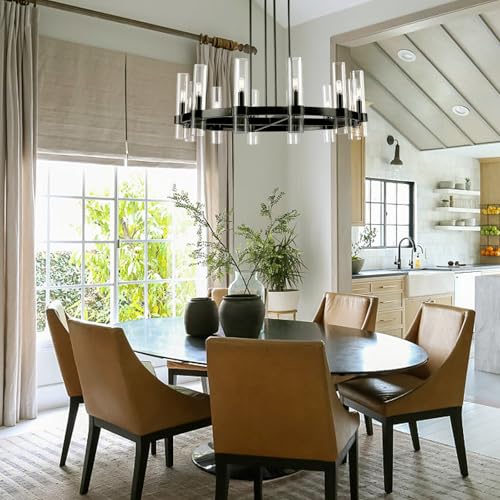 12 Light Black Round Chandelier 36'' Wagon Wheel Chandeliers for Dining Room Light Fixture Clear Glass Tube Chandelier Modern Farmhouse Chandeliers for Living Room Bedroom