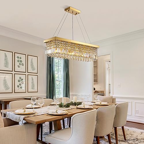 6 Light Modern Crystal Chandelier Rectangular Gold K9 Crystal Raindrop Chandelier for Dining Room