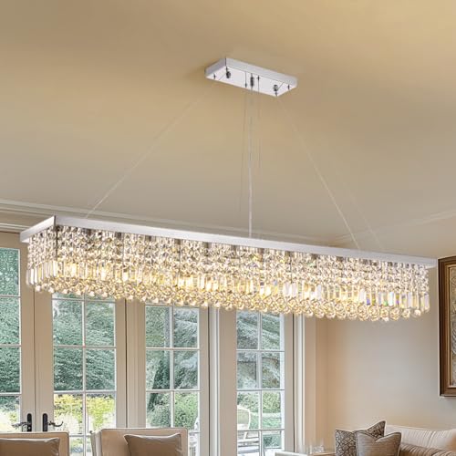 Rectangle K9 Crystal Chandelier Modern Rectangular Pendant Light Fixture for Dining Room Kitchen Island Chrome L59'' x W10'' x H9''
