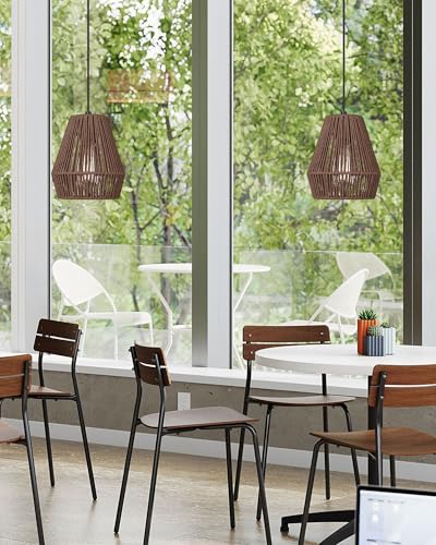 Woven Pendant Lights 7” Rustic Rattan Hanging Lamp Adjustable Handwoven Basket Shade Boho Pendant Light Fixtures for Kitchen Island Dining Room Bedroom Bar Foyer Hallway Japandi Dark Brown