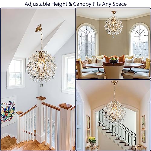 Modern Gold Pendant Chandelier Crystal Raindrop Lighting Ceiling Light Fixture Lamp for Dining Room Bathroom Bedroom Livingroom entryway 3 E12 Bulbs Required D16 in x H18 in