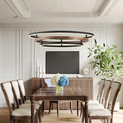 3 Ring LED Chandelier Modern Chandeliers Walnut Wood Black Dimmable 31''