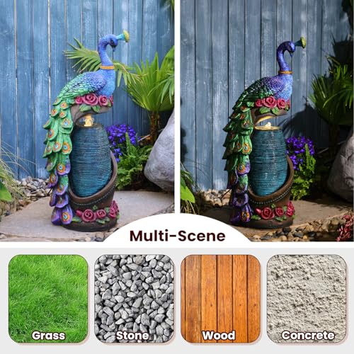 32" Peacock Sculpture Waterfall Fountain Indoor with LED Lights