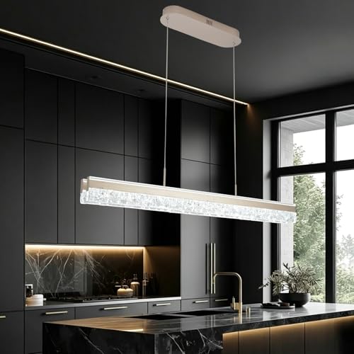 Modern Chandelier Gold Led Crystal Linear Pendant Lights Kitchen Island Lighting Minimalist Dimmable Ceiling Hanging Light Fixture Dining Room with Remote Control