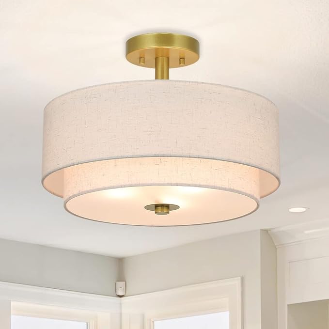 XiNBEi Lighting 3 Light Semi Flush Mount Light, Close to Ceiling Light Fixture with Fabric Shade Retro Gold Brass 16 inch Semi Flush Drum Light for Bedroom & Living Room XB-SF1289-GB - Aura Lighting