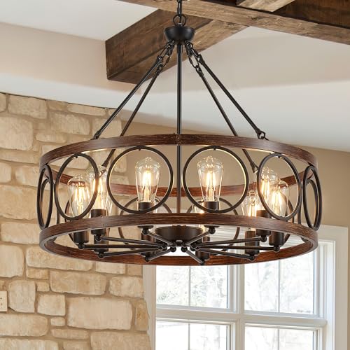 10 Light Farmhouse Drum Wood Pendant Light