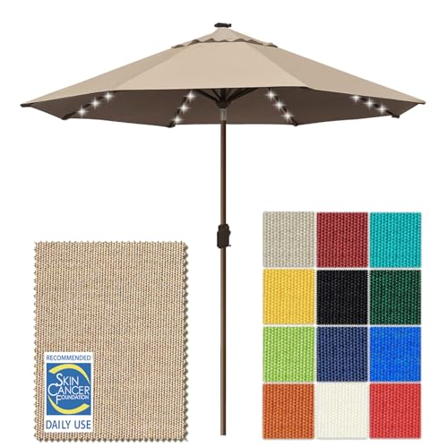 USA 10-Year-Non-Fading 10ft Market Patio Umbrella, Commercial Grade Table Sun Umbrella with 80 Solar LED Lights, Crank Open, Windproof & UPF 50+ UV Protection for Garden, Deck, Pool, Backyard, Heather Beige