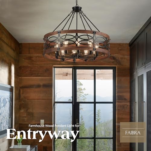 10 Light Farmhouse Drum Wood Pendant Light
